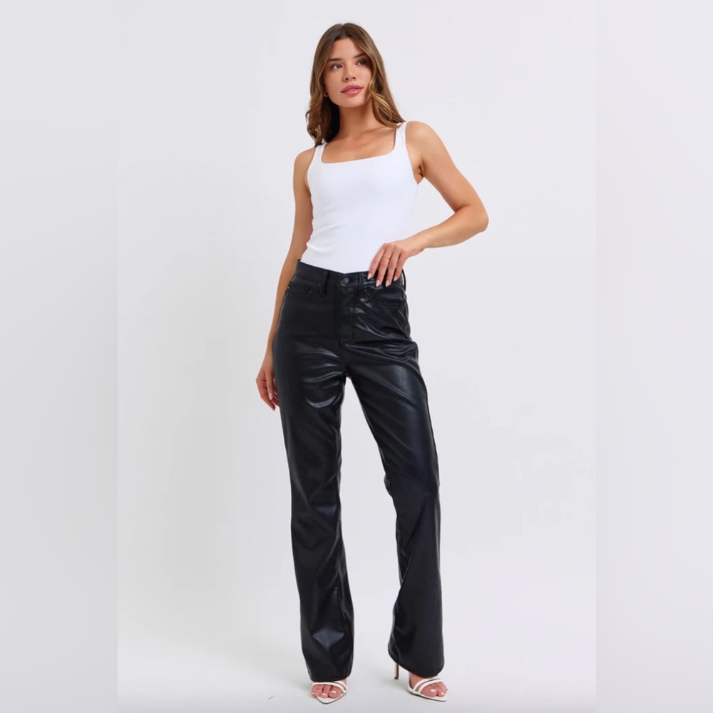 🆕 Judy Blue Tummy Control Black Faux Leather Bootcut Pants NWT SZ 7/28